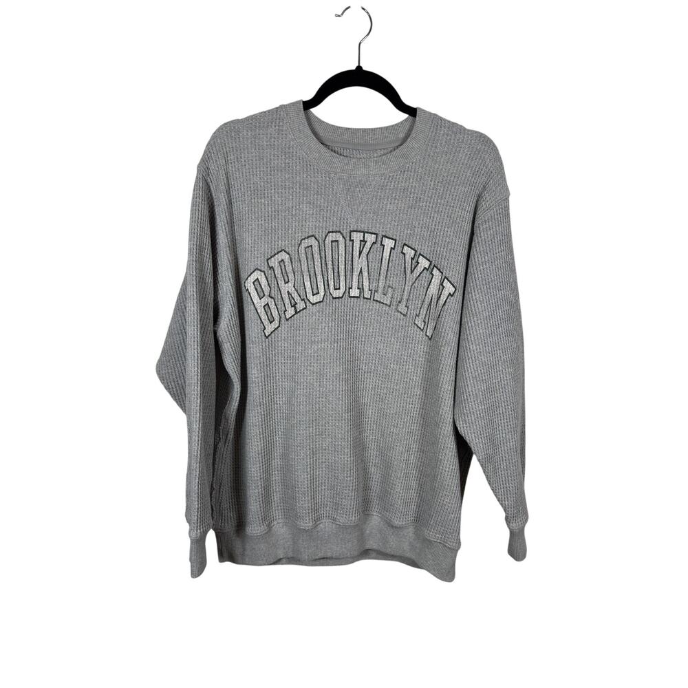 Aerie Waffle Knit Top Womens Medium Gray Brooklyn Graphic Crew Neck Long Sleeve